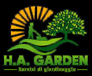 H.A. Garden logo featuring a person with lawnmower, tree, sun, and wavy grass on black background with Italian text