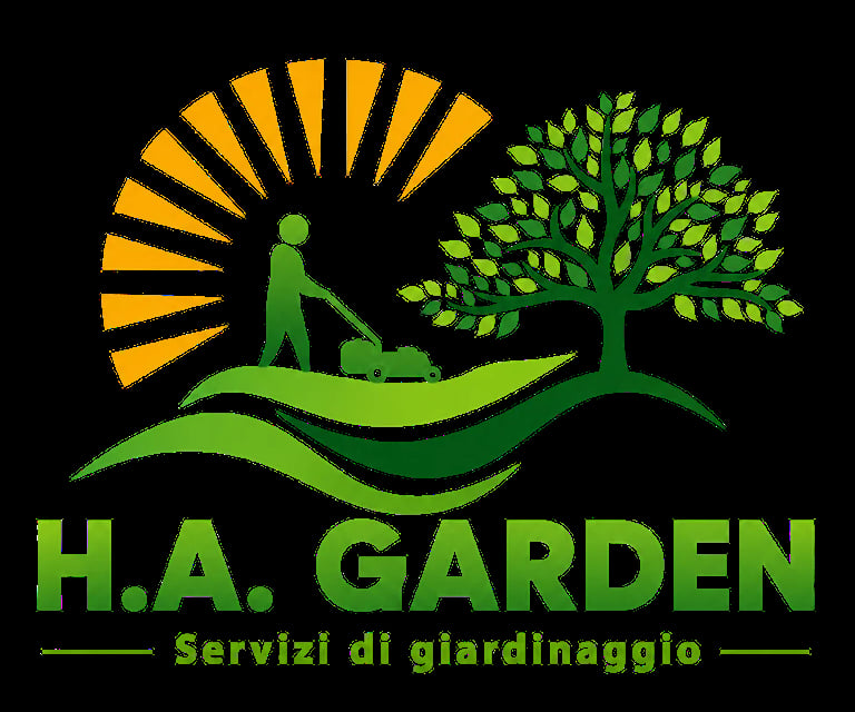 H.A. Garden logo featuring a person with lawnmower, tree, sun, and wavy grass on black background with Italian text