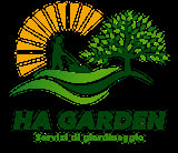 Ha Garden gardening services logo featuring stylized hands holding soil with a tree and rising sun symbol